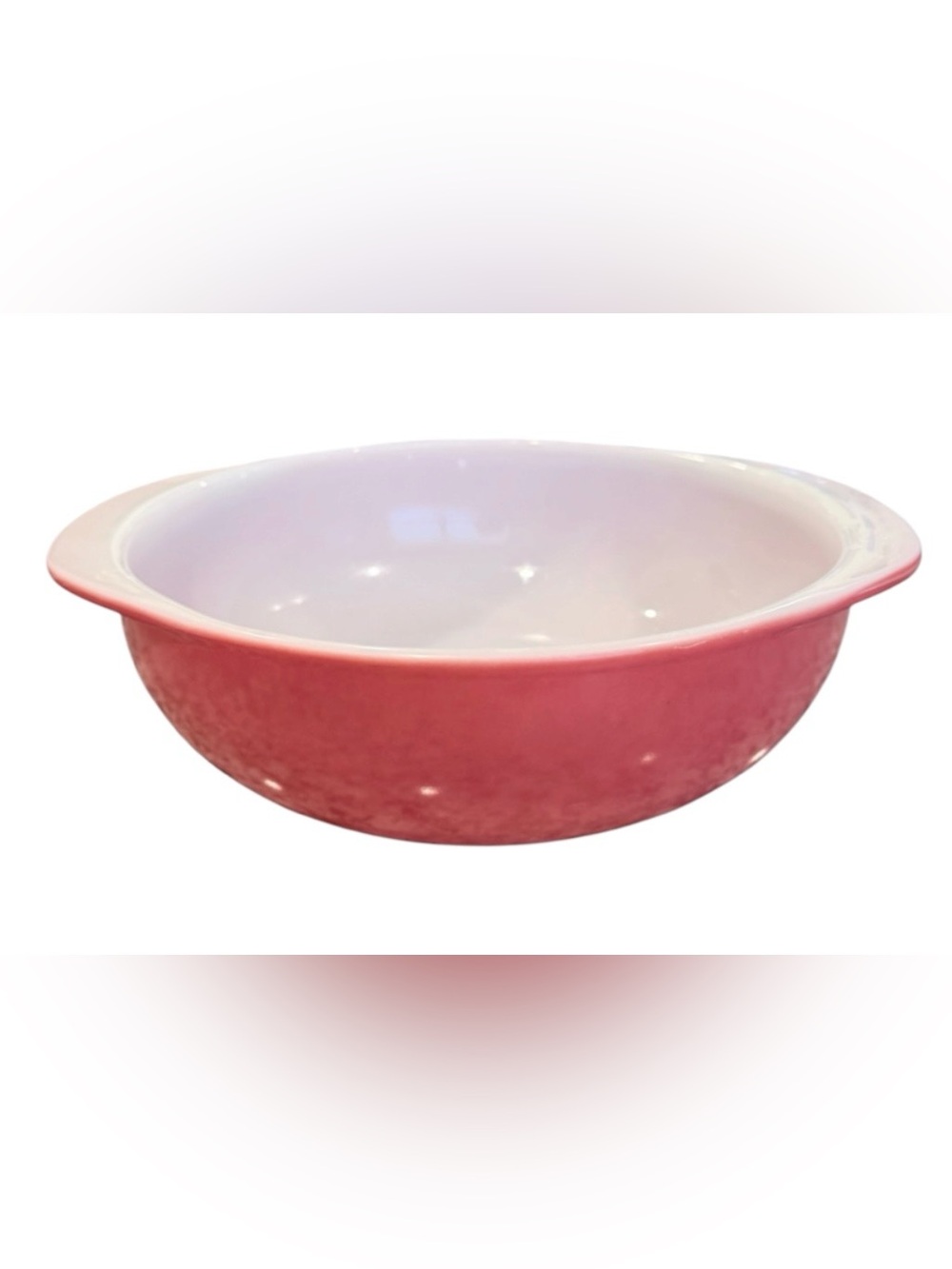 Pyrex Flamingo Pink 024 vintage casserole dish features with tab handles